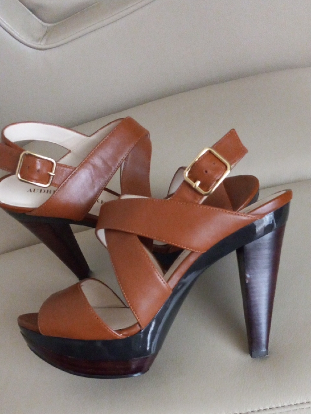 Audrey Brooke Tan Brown Leather Platform Slingback Heels Size: 7M - Picture 15 of 17